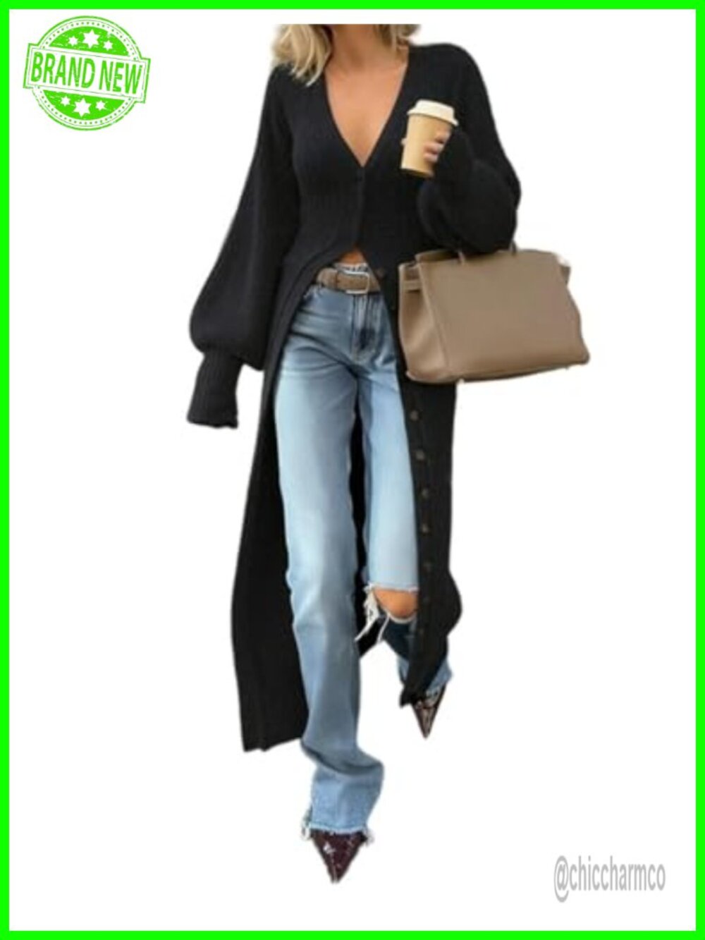 V-Neck Button Down Chunky Knit Long Cardigan Maxi Sweater Dress
